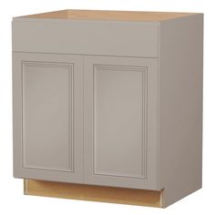 a gray cabinet with two doors on the front and one door open to reveal an empty drawer