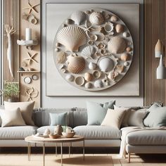 a living room filled with lots of furniture next to a wall mounted art piece on the wall