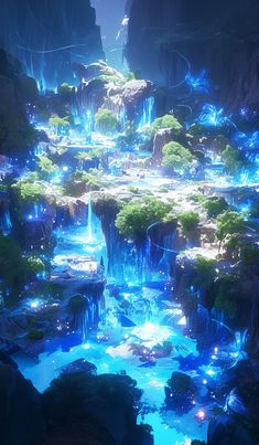 an image of a waterfall in the middle of a forest with blue lights on it