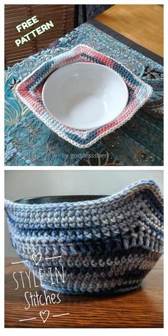 crocheted dishcloths are shown on top of a bowl and bottom one has a plate in it