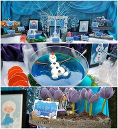 the table is set up with pictures and decorations for frozen princess birthdays or baby showers