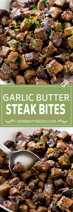 garlic butter steak bites on a plate with a spoon