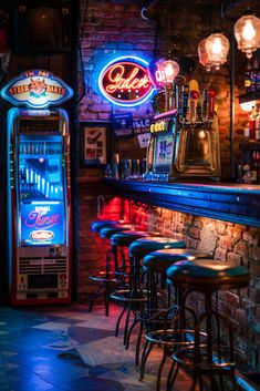 a row of bar stools next to a brick wall with neon signs on it