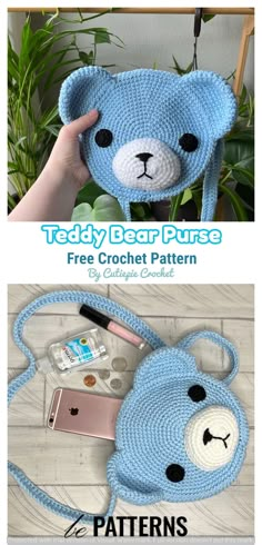 a crocheted teddy bear purse is shown in two different photos and the same pattern