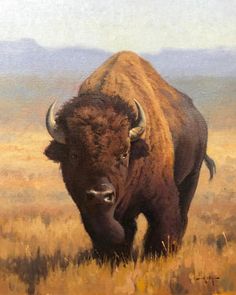 an oil painting of a bison in a field