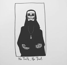 a black and white drawing of a person with a skull on their head, wearing a nun costume