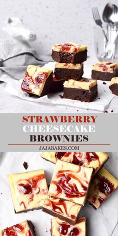 strawberry cheesecake brownies are stacked on top of each other with the words, strawberry cheesecake brownies