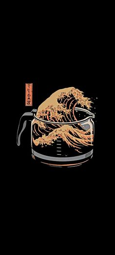 an orange and black drawing of a wave in a glass container on a black background