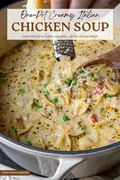 chicken noodle soup in a pot with a ladle scooping some food out