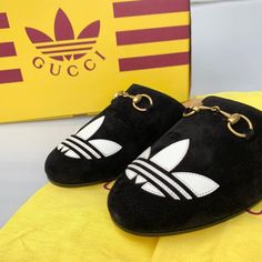 Brand New In Box Gucci X Adidas Trefoil Slipper Black Suede Size 37 - Black Suede - Women’s - Antique Gold-Toned Hardware - Adidas X Gucci - White Trefoil Leather Patch - Horsebit Detail - Leather Sole - Flat - Includes Gucci Box & Dust Bag We Offer Fast Shipping And Dedicated Packaging That Will Make Your Day!!! Gucci Slide, Adidas X Gucci, Gucci X Adidas, Gucci Box, Shoes Gucci, Adidas Trefoil, Swim Shoes, Adidas Track, Espadrille Sandals