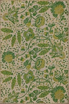 a green and yellow floral design on a beige background with blue, white, and green flowers