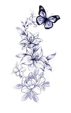 a butterfly flying over some flowers on a white background with black and white butterflies in the sky