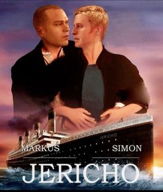 two men standing next to each other in front of a ship with the words jericho on it