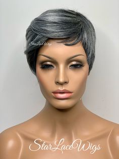 Type of Hair:  Synthetic Hair Texture:   Straight Hair Length:   Pixie Hair Color:   Salt & Pepper - Also available in a solid #1, #1b & #2  Cap Style:   This is a regular wig (NOT A LACE FRONT) - (cap stretches)  Heat Safe:   Heat resistant up to 350 degrees      HEAT SAFE The synthetic and human hair blend wigs in the store are heat safe and can be curled and flat ironed.  Please note that it is recommended that the heat settings be low (340 to 350 degrees).  Flexi-rods and/or rollers can also Salt And Pepper Wigs, Pixie Hair Color, Flexi Rods, Pixie Wig, Bangs Short, Wig With Bangs, Wigs For Women, Short Wigs, Pixie Hairstyles