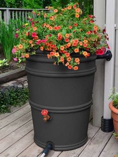 two flower pots sitting on top of a wooden deck next to each other with flowers growing out of them