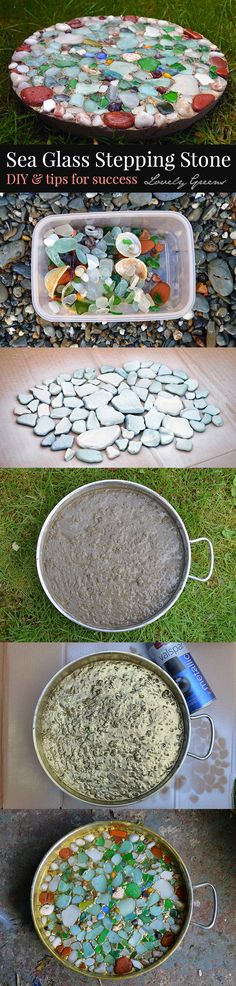 several different bowls and pans with sea glass sitting on top of them in the grass