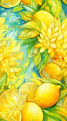 a painting of yellow flowers and lemons on a blue background with green leaves in the foreground