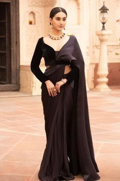 Shop for Soniya G Brown Silk Pre-draped Saree With Blouse for Women Online at Aza Fashions Brown Silk Saree, Black Velvet Blouse Design, Velvet Blouse Design, Black Blouse Designs, Pant Saree, Saree Jacket, Black Velvet Blouse, Velvet Saree, Saree Jackets