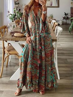 Trendy Dresses Summer, Boho Beach Dress, Hippy Chic, Stil Boho, Holiday Floral, Resort Dresses, Floral Dresses Long, Puff Long Sleeves, Womens Floral Dress