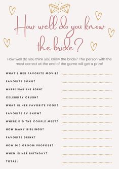 a wedding game with the words how well do you know the bride?