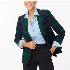 New Jcrew Black Watch Plaid One-Button Blazer In Blackwatch Plaid Green Size 00 Black Watch Plaid Blazer, Green Plaid Blazer, Black Watch Plaid, Watches Women Black, Notch Collar, Jcrew Women, Plaid Blazer, Linen Blazer, Blazer Buttons