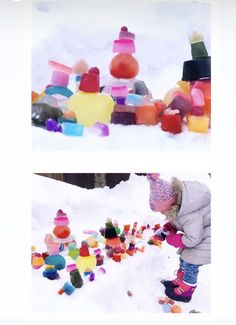 two pictures of a child playing in the snow with colorful blocks and balls on it