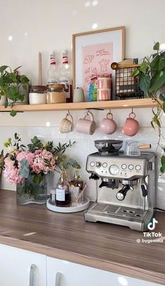 a coffee maker sitting on top of a counter next to potted plants and flowers