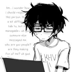 a drawing of a boy with glasses using a laptop