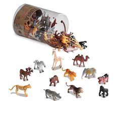 small plastic animals in a container on a white background