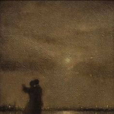 a painting of a man standing in front of a body of water at night with his arms outstretched