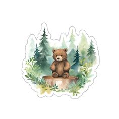 a brown teddy bear sitting on top of a stump in the woods with trees behind it