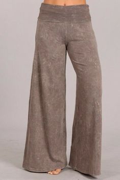 Another Fabulous Creation From Chatoyant! Soft and stretchy mineral wash wide leg pants with a wide fold-over waistband for comfort and support.  Casual design in a relaxed fit, appealing on all body types for all day comfort (loungewear, everyday wear, travel, yoga, etc).  Each item is hand-dyed for its unique character and american vintage laundered look,should expect variations in color and finishing.  Stay Sexy! Fabric: USA made Cotton/Spandex 95/5 Jersey Proudly made in the USA Tan Leggings, Wide Leg Palazzo Pants, Workout Fits, Current Styles, Casual Design, Palazzo Pants, Dream Clothes, Fashion Inspo Outfits, Leg Pants