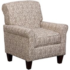 an upholstered chair with wooden legs and a patterned pattern on the armrests