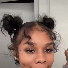 Bun And Ponytail Hairstyles, Messy Bun On Short Hair Black Women, Messy Bun Flat Iron Hair, Natural Top Bun, Cute Hairstyles For Short Hair Natural, 2 Bun Natural Hairstyles, Hairstyles For Short Silk Press, Space Buns With Edges