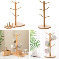 there are three wooden shelves with tea cups and saucers on them, one has a cup holder in the shape of a tree