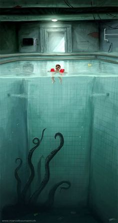 an underwater scene with two people floating in the water and one person standing at the bottom