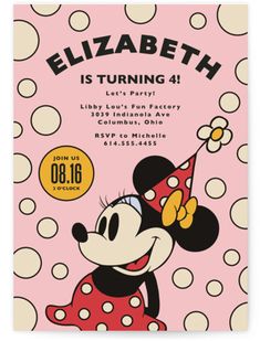 a minnie mouse birthday party card with polka dots on the bottom and an image of a cartoon