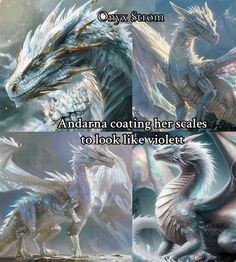 four different pictures of the same dragon with caption that reads, anddranna coating her scales to look like violett