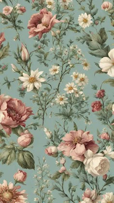 a floral wallpaper with pink, white and green flowers on a light blue background