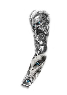 an arm tattoo with blue eyes and two wolfs on the left side of it