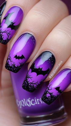 Purple Black Nails Halloween, Purple Bat Nails, Bat Nails Designs, Purple And Orange Halloween Nails, Purple Spooky Nails, Halloween Purple Nails, Spooky Halloween Nail Designs