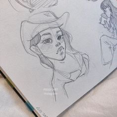 a drawing of a woman in a cowboy hat with other drawings behind her on top of a sheet of paper