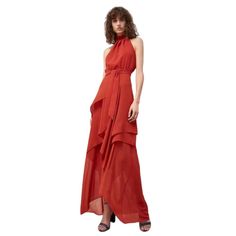 Halter Neck Backless Hidden Zipper Tie At Waist Perfect For The Holiday Parties Red Pre-draped Maxi Dress, Pre-draped Halter Evening Dress, Summer Pre-draped Halter Neck Maxi Dress, Pre-draped Halter Neck Party Maxi Dress, Red Pre-draped Maxi Dress For Evening, Pre-draped Red Maxi Dress For Evening, Red Halter Dress For Summer Cocktail, Spring Red Halter Dress For Cocktail, Elegant Red Pre-draped Maxi Dress