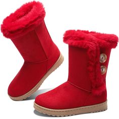 Stay warm and stylish in our Fashionable Winter Fur Lined Snow Boots. High-quality water-resistant upper materials keep your feet dry from the elements, while ultra-soft faux fur lining provides superior insulation, keeping your feet toasty and comfortable. The perfect combination of style and function. Sole Material: Rubber Outer Material : Faux Suede Closure Type: Button Red Winter Boots With Round Toe, Red Insulated Boots With Round Toe, Red Snow Boots, Red Slip-on Boots With Rubber Sole, Boot Art, Winter Slip-on Boots With Faux Fur Lining, Girls Snow Boots, Faux Suede Boots, Short Women Fashion