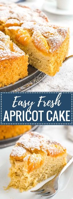 an easy fresh apricot cake with powdered sugar on top and the words easy fresh apricot cake above it