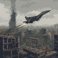 a fighter jet flying through the air over a city filled with lots of tall buildings