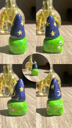 several shots of a green and blue gnome's hat with gold stars on it