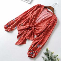 wickedafstore Happie Queens Women  Floral Print Rayon Bohemian Blouses Shirt Ladies Loose Crop Top Long Sleeve Boho Blusas Kimono Cover-up Red Non-stretch Summer Blouse, Non-stretch Red Summer Blouse, Non-stretch Red Blouse For Summer, Red Lantern Sleeve Blouse For Fall, Red Boho Print Tops For Vacation, Summer Red Boho Print Top, Red Lantern Sleeve Tops For Spring, Non-stretch Bohemian Blouse For The Beach, Red Boho Print V-neck Top