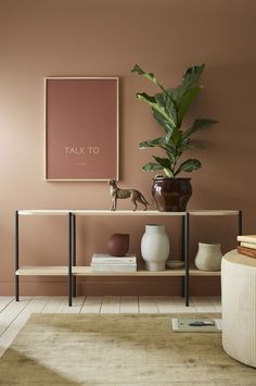 there is a potted plant on top of a shelf next to a bookcase