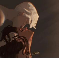 an animated image of a woman with white hair and black dress, kissing another woman's forehead